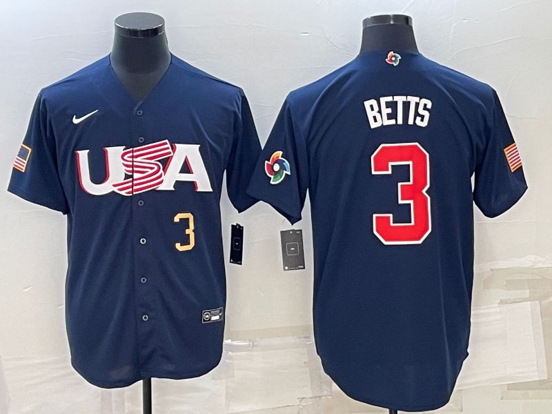 Men 2023 World Cub USA #3 Betts Blue Nike MLB Jersey1